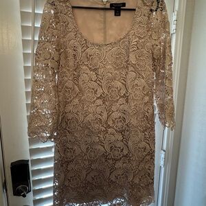 White House Black Market Beige Lace Long Sleeve Dress